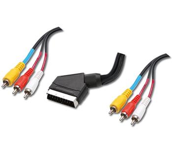 PremiumCord Scart propojovací kabel, Scart 21pin - 6x RCA1.50m, CCS, 2x0.4mm/4x0.10/10, stíněný, M/M, černý