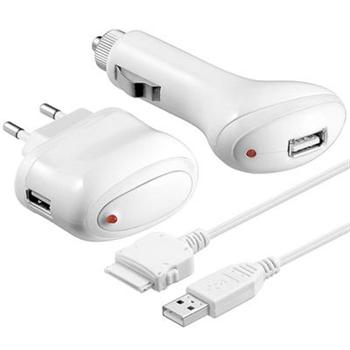 PremiumCord Nabíjecí set 3 v 1, USB adapter, auto adapter, nabíjecí kabel, bílý