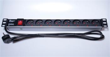 PremiumCord Panel napájecí 1U do 19" racku, 8x230V, 2m kabel, vypínač