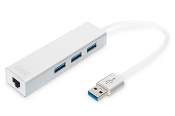 DIGITUS USB 3.0, 3-port HUB, Adaptér na Gigabit Ethernet ,1x RJ45, 10/100/1000Mbps