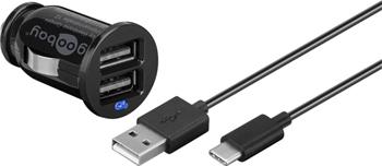 goobay Napájecí 12V autoadaptér na 2x USB 2,1A s kabelem USB-C, černý