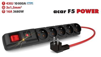 Acar F5  10m kabel, 5 zásuvek, přepěťová ochrana, max.proud 16A, černý