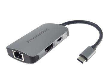 PremiumCord USB-C na HDMI + RJ45 + PD adaptér, hliníkové pouzdro