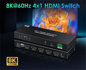 PremiumCord HDMI switch 4:1 s podporou rozlišení 8K@60Hz,4K@120Hz, 1080P, HDR, s ovládáním tlačítkem a dálkovým ovladačem