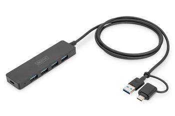 DIGITUS USB 3.0, Hub 4-Port, Slim Line with 120cm cable with USB-C adapter