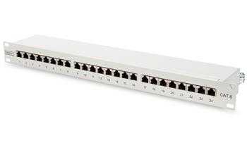 DIGITUS Patch panel CAT 6, stíněný, 24portový RJ45, 8P8C, LSA, 1U, montáž do racku, šedý